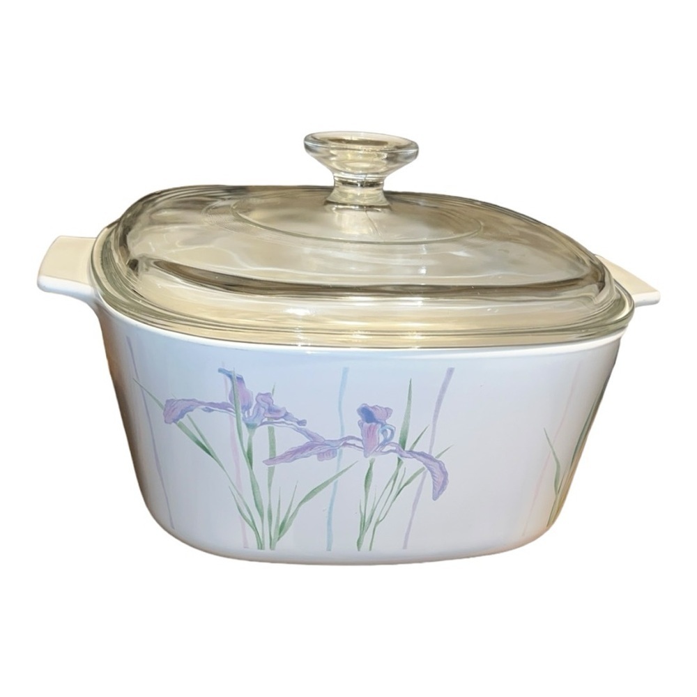 Corningware Shadow Iris 3qt square casserole dish handles clear lid discontinued